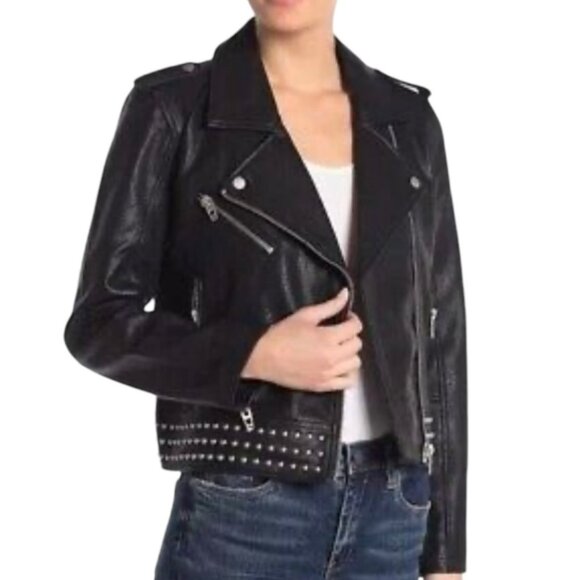 BlankNYC Faux Leather Biker Studded Jacket S Black Zipper Cuffs Zip Front Moto - Picture 13 of 13